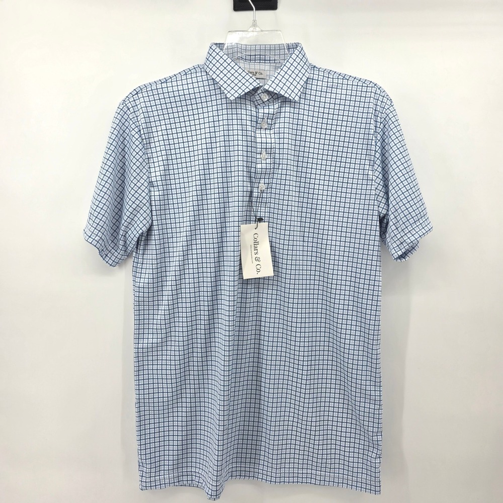 Collars & Co Mens‎ Dress Collar Polo Shirt Blue White Check Grid Large NWT - Picture 2 of 8
